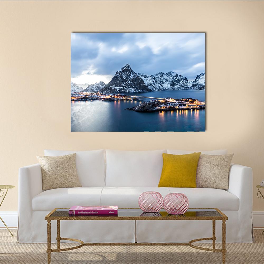 Norway Blue Hour Canvas Wall Art in white and blue, single panel hung on a wall