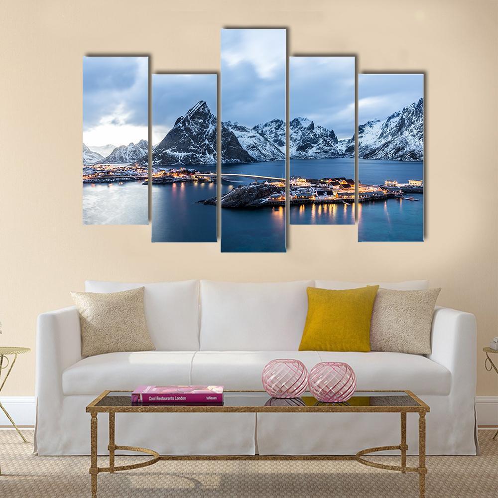 Norway At Blue Hour Canvas Wall Art-5 Pop-Gallery Wrap-47" x 32"-Tiaracle