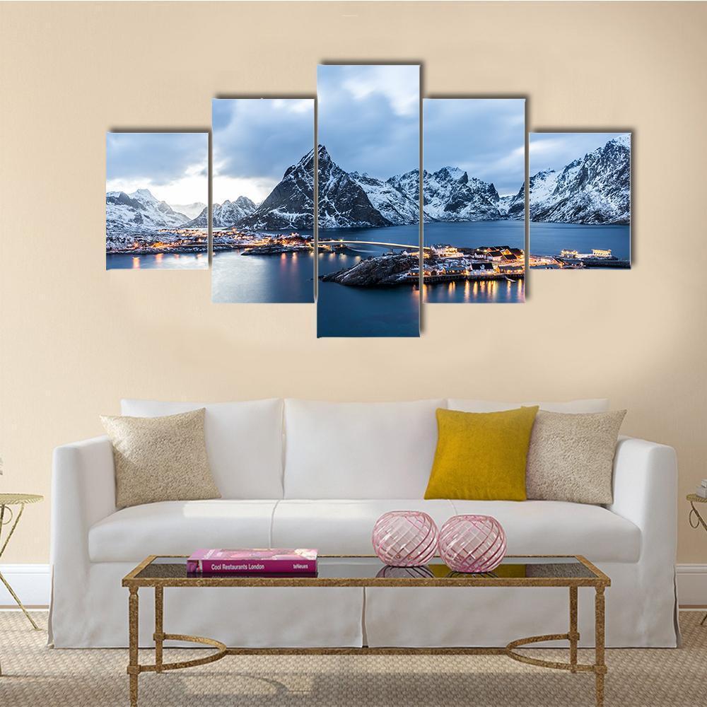Norway At Blue Hour Canvas Wall Art-5 Star-Gallery Wrap-62" x 32"-Tiaracle