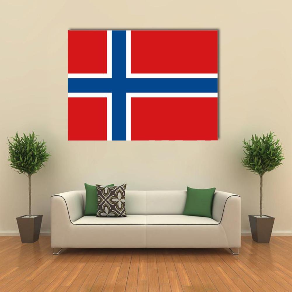 Norway Flag Canvas Wall Art in white, red and blue, single panel hung on a wall