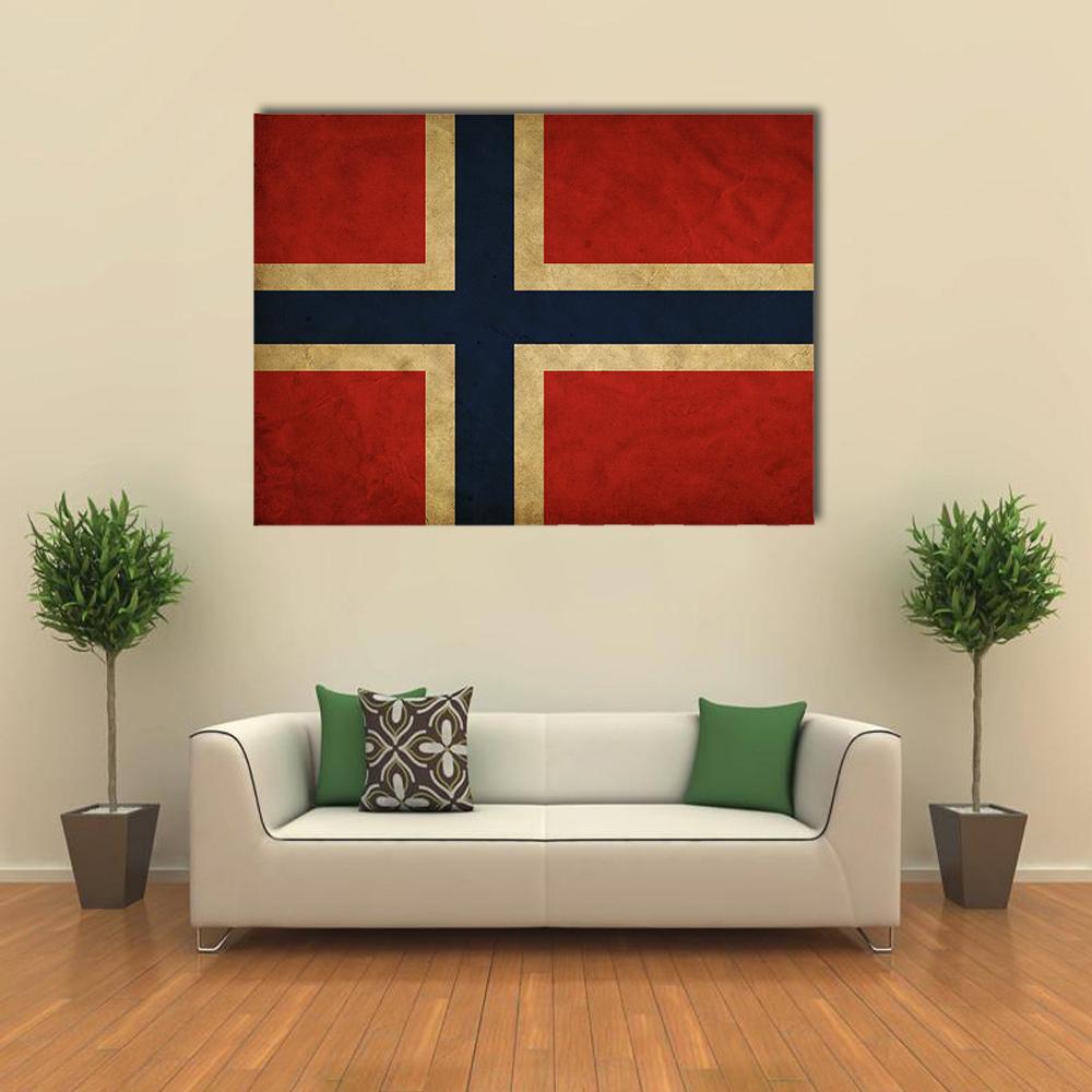 Grunge Norway Flag Canvas Wall Art in beige, red and blue, single panel hung on a wall
