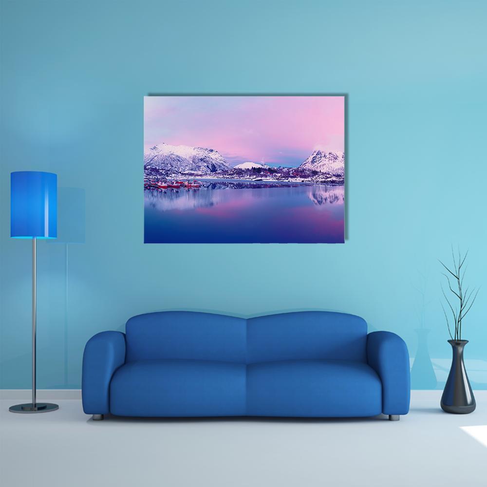 Winter Lake in Norway Canvas Wall Art in white, blue and pink, single panel hung on a wall