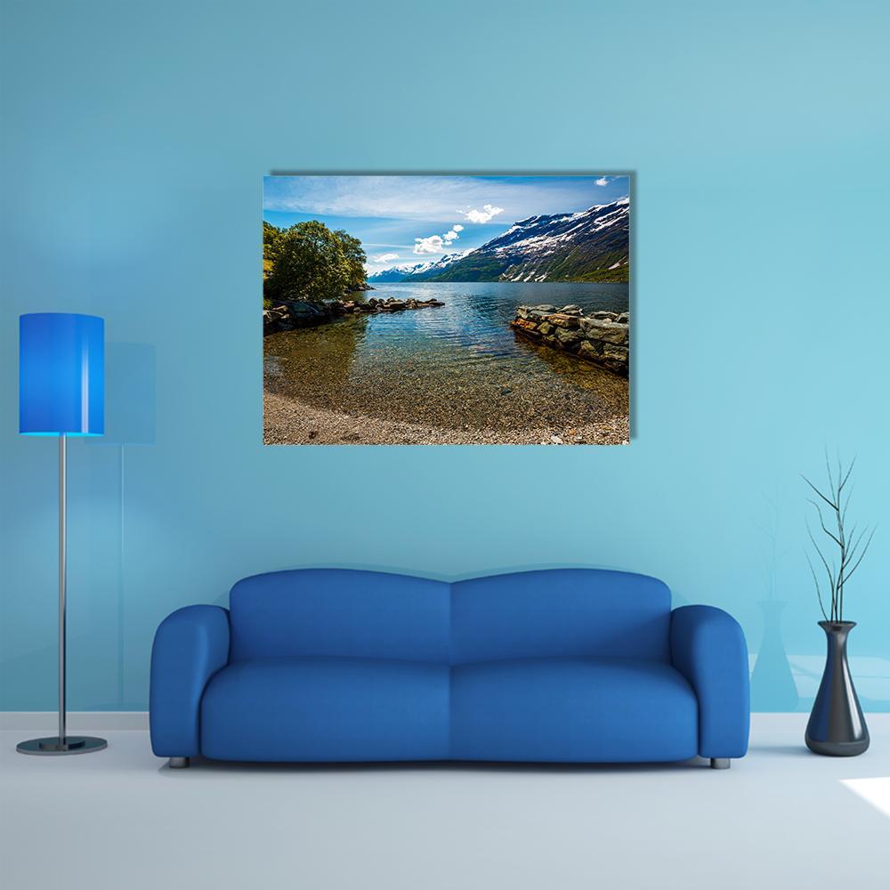 Norway Fjord Landscape with Stone Jetty Canvas Wall Art in brown, green and blue, single panel hung on a wall