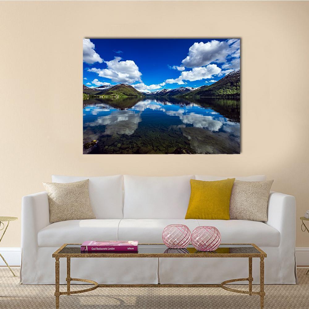 Norway Lake with Snow-capped Peaks Canvas Wall Art in white, green and blue, single panel hung on a wall