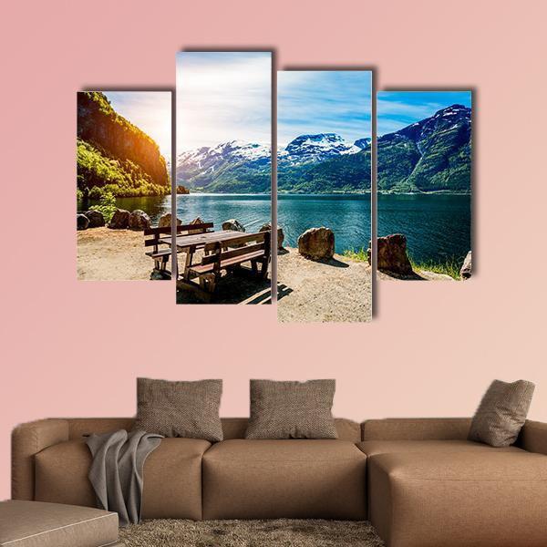 Bench Near Lake Canvas Wall Art-4 Pop-Gallery Wrap-50&quot; x 32&quot;-Tiaracle