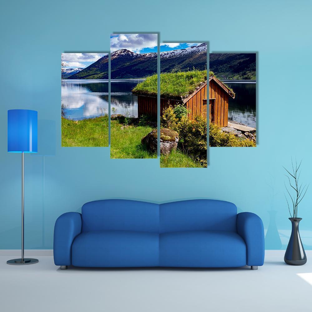 Hut Near Lake Norway Canvas Wall Art-4 Pop-Gallery Wrap-50" x 32"-Tiaracle