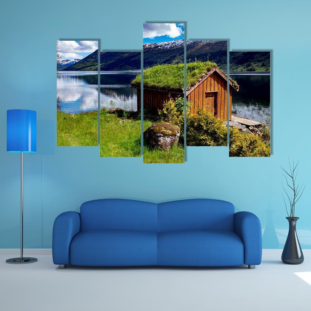 Hut Near Lake Norway Canvas Wall Art-5 Pop-Gallery Wrap-47" x 32"-Tiaracle