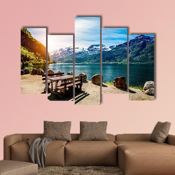Bench Near Lake Canvas Wall Art-5 Pop-Gallery Wrap-47&quot; x 32&quot;-Tiaracle