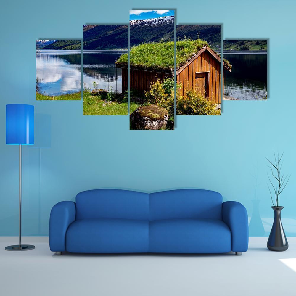 Hut Near Lake Norway Canvas Wall Art-5 Star-Gallery Wrap-62" x 32"-Tiaracle