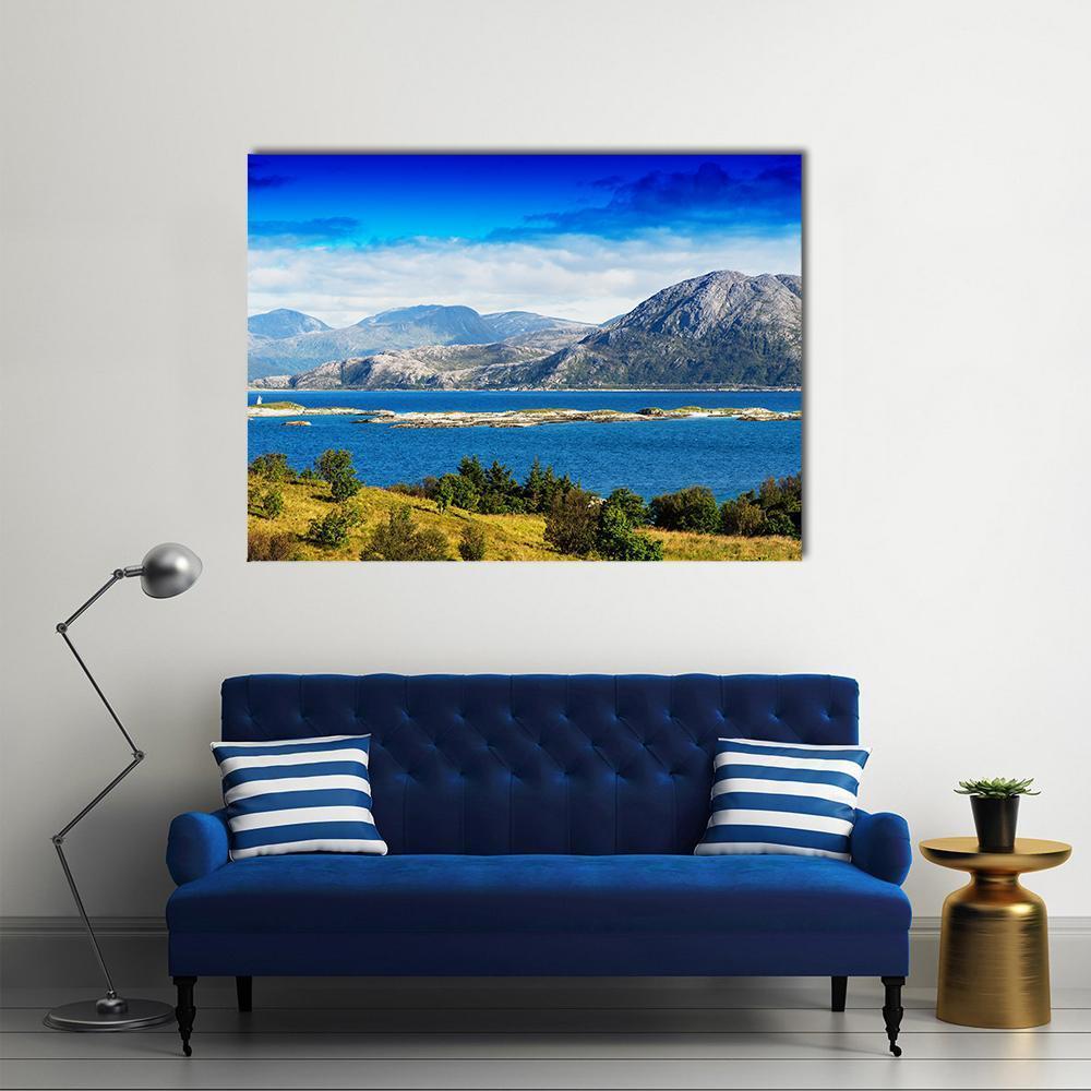 Norway Northern Islands Landscape Canvas Wall Art in gray, green and blue, single panel hung on a wall