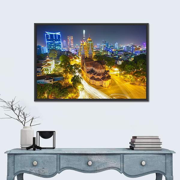 Notre Dame Cathedral At Night Canvas Wall Art-1 Piece-Floating Frame-24" x 16"-Tiaracle