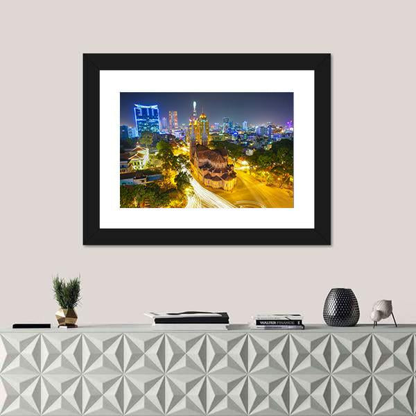 Notre Dame Cathedral At Night Canvas Wall Art-1 Piece-Framed Print-20" x 16"-Tiaracle
