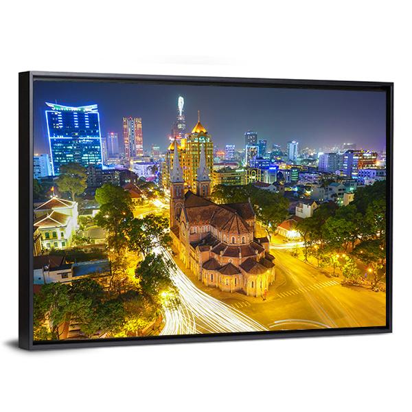 Notre Dame Cathedral At Night Canvas Wall Art-3 Horizontal-Gallery Wrap-25" x 16"-Tiaracle