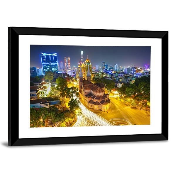 Notre Dame Cathedral At Night Canvas Wall Art-3 Horizontal-Gallery Wrap-25" x 16"-Tiaracle