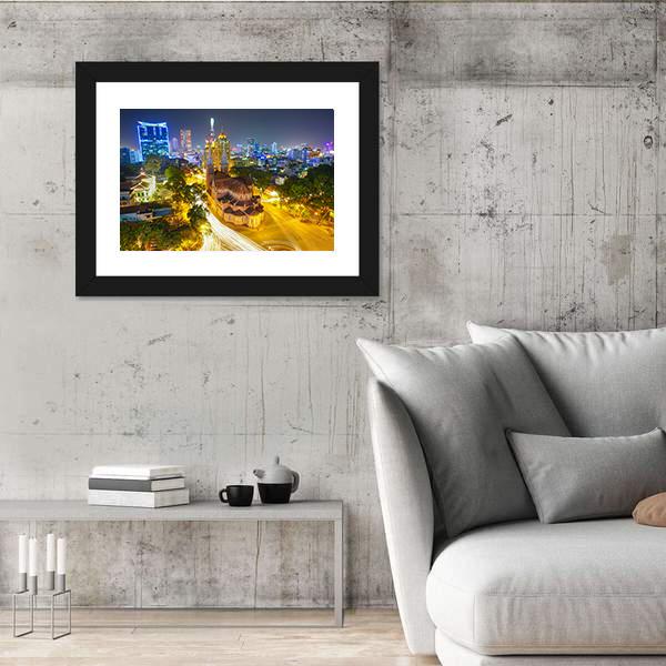 Notre Dame Cathedral At Night Canvas Wall Art-3 Horizontal-Gallery Wrap-25" x 16"-Tiaracle