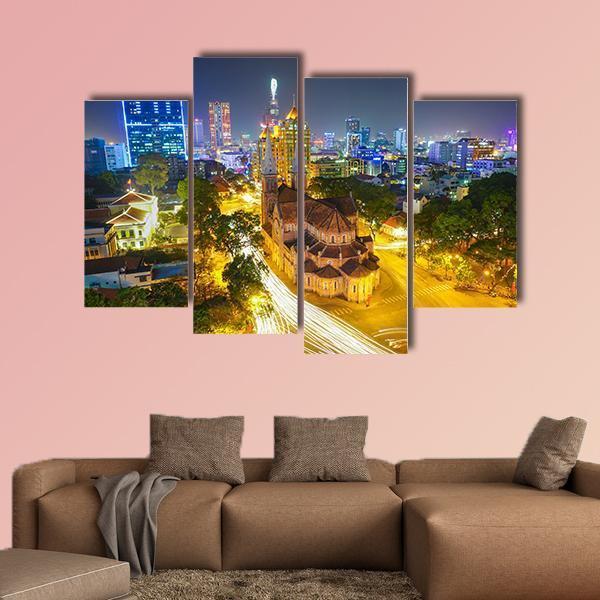 Notre Dame Cathedral At Night Canvas Wall Art-4 Pop-Gallery Wrap-50" x 32"-Tiaracle