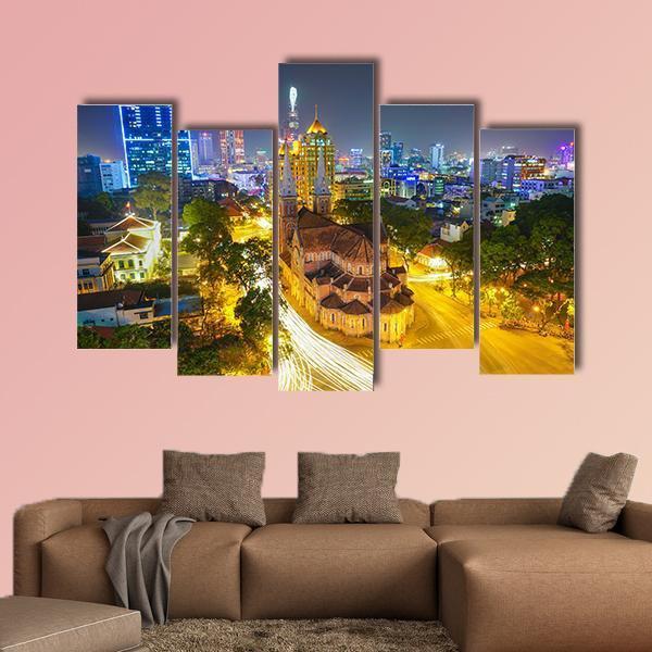 Notre Dame Cathedral At Night Canvas Wall Art-5 Pop-Gallery Wrap-47" x 32"-Tiaracle