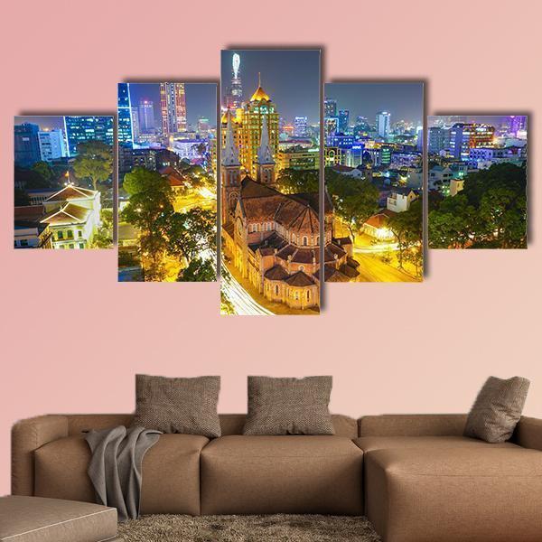 Notre Dame Cathedral At Night Canvas Wall Art-5 Star-Gallery Wrap-62" x 32"-Tiaracle