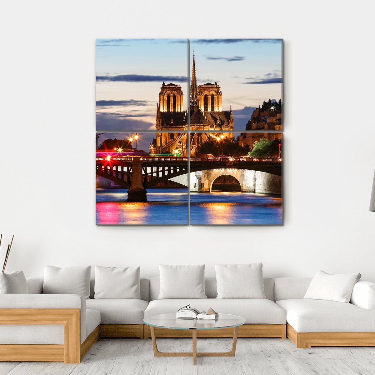 Notre Dame Cathedral Paris at Dusk Canvas Wall Art in gold, orange and blue, single panel hung on a wall