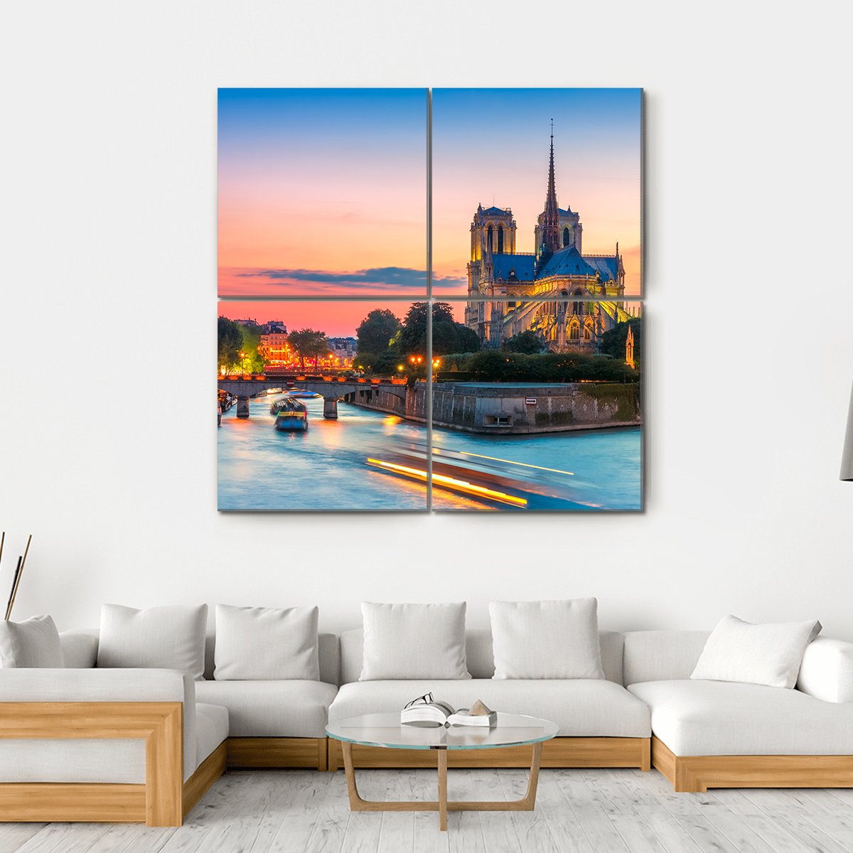 Notre-dame Cathedral at Dusk Canvas Wall Art in orange, yellow and blue, hung on a wall