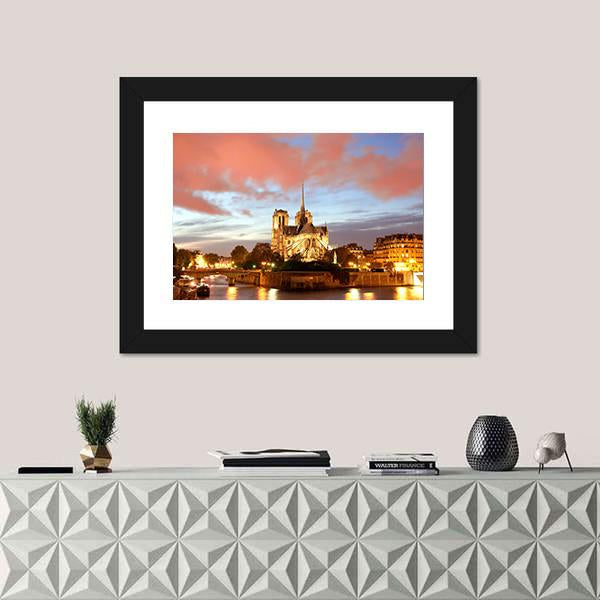 Notre Dame De Paris In Evening Canvas Wall Art-1 Piece-Framed Print-20" x 16"-Tiaracle