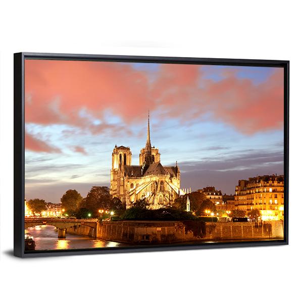 Notre Dame De Paris In Evening Canvas Wall Art-3 Horizontal-Gallery Wrap-25" x 16"-Tiaracle