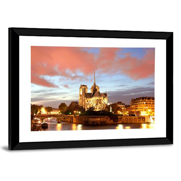 Notre Dame De Paris In Evening Canvas Wall Art-3 Horizontal-Gallery Wrap-25" x 16"-Tiaracle