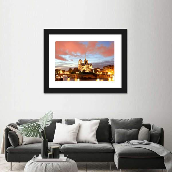 Notre Dame De Paris In Evening Canvas Wall Art-3 Horizontal-Gallery Wrap-25" x 16"-Tiaracle