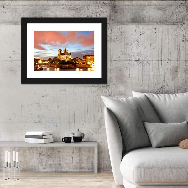 Notre Dame De Paris In Evening Canvas Wall Art-3 Horizontal-Gallery Wrap-25" x 16"-Tiaracle