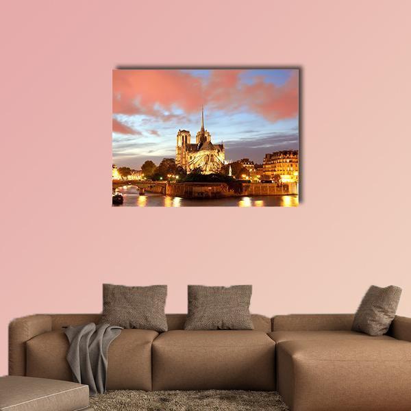 Notre Dame De Paris In Evening Canvas Wall Art-1 Piece-Gallery Wrap-48" x 32"-Tiaracle