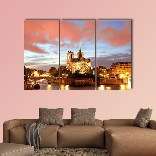 Notre Dame De Paris In Evening Canvas Wall Art-3 Horizontal-Gallery Wrap-37" x 24"-Tiaracle