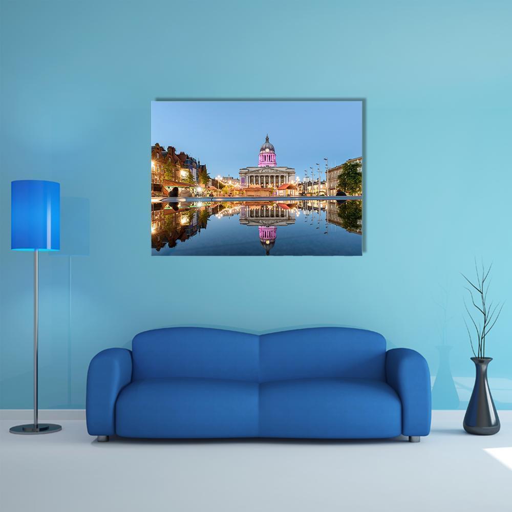 Nottingham Council House Canvas Wall Art in gray, brown and blue, single panel hung on a wall