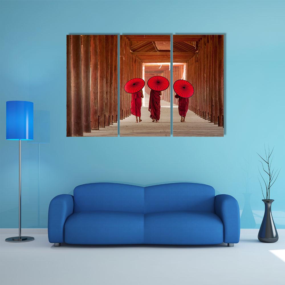 Novice Monks Walking Canvas Wall Art-3 Horizontal-Gallery Wrap-25" x 16"-Tiaracle