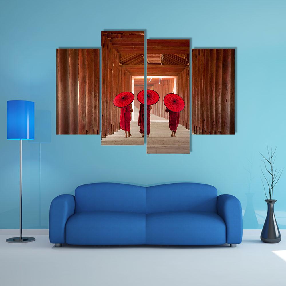 Novice Monks Walking Canvas Wall Art-4 Pop-Gallery Wrap-34" x 20"-Tiaracle