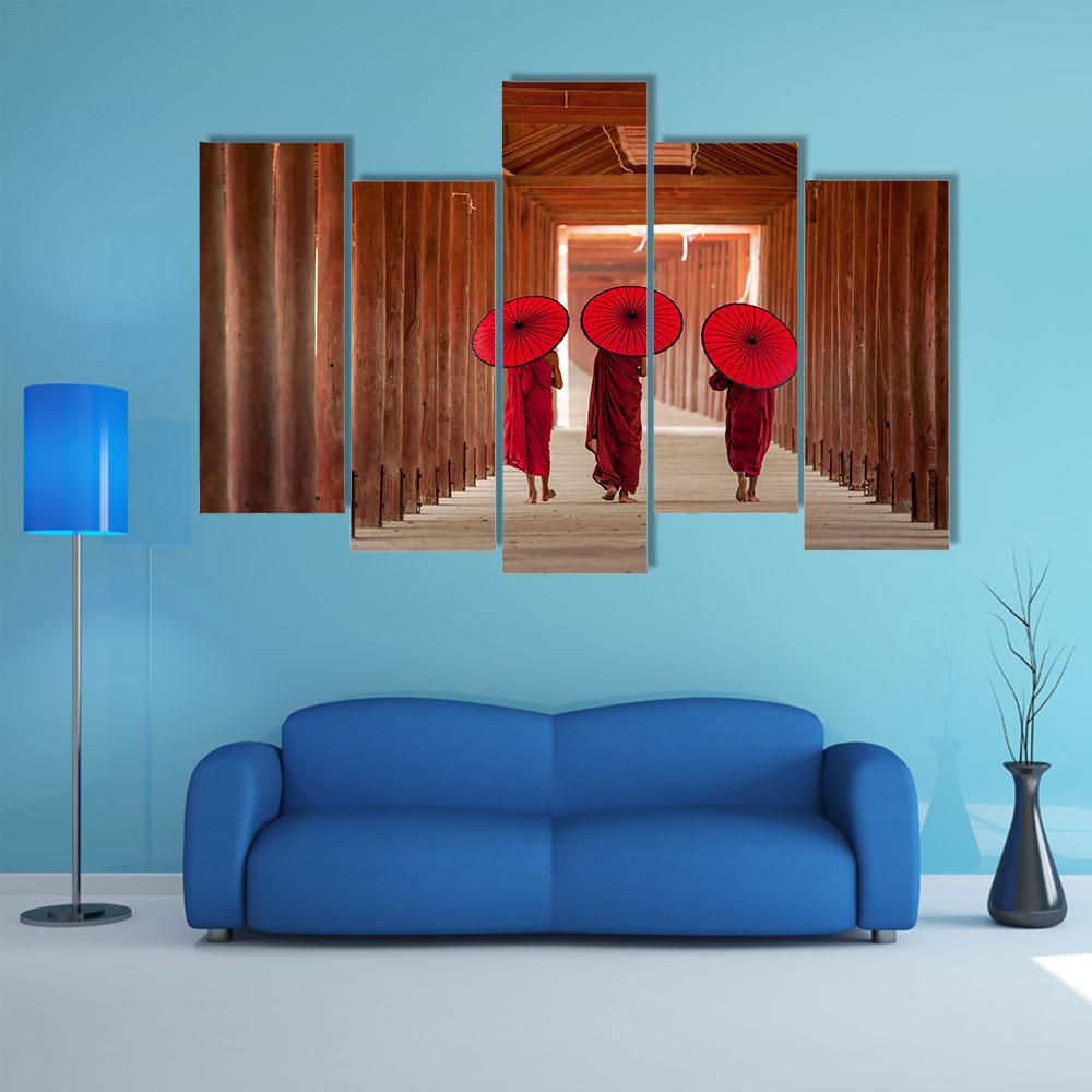 Novice Monks Walking Canvas Wall Art-5 Pop-Gallery Wrap-32" x 21"-Tiaracle