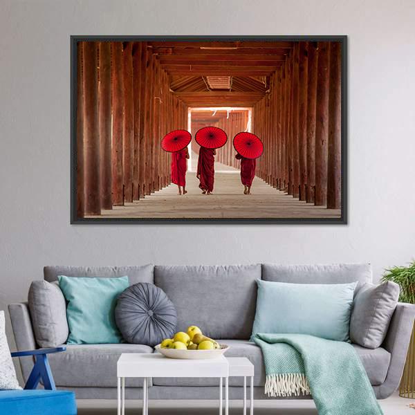 Novice Monks Walking Canvas Wall Art-1 Piece-Floating Frame-24" x 16"-Tiaracle