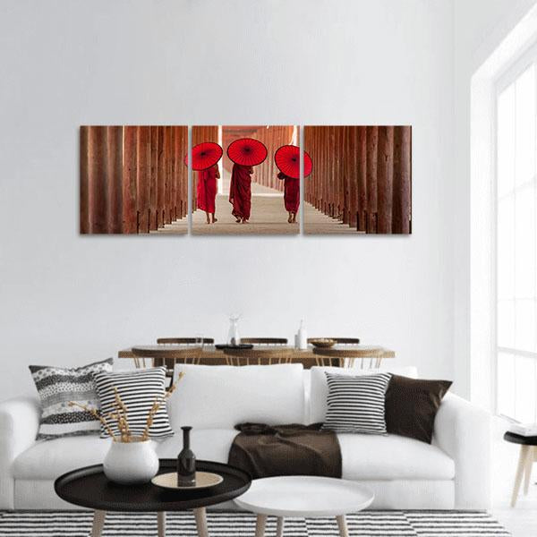 Novice Monks Walking Panoramic Canvas Wall Art-3 Piece-25" x 08"-Tiaracle