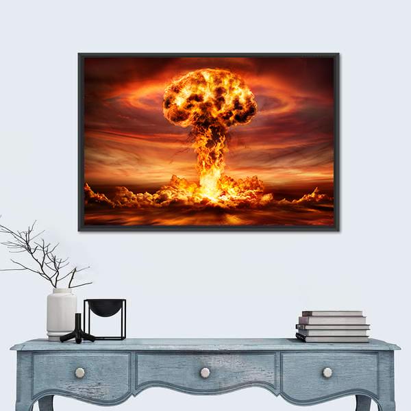 Mushroom Cloud Nuclear Explosion Canvas Wall Art in black, red and orange, framed canvas, product view on a white background