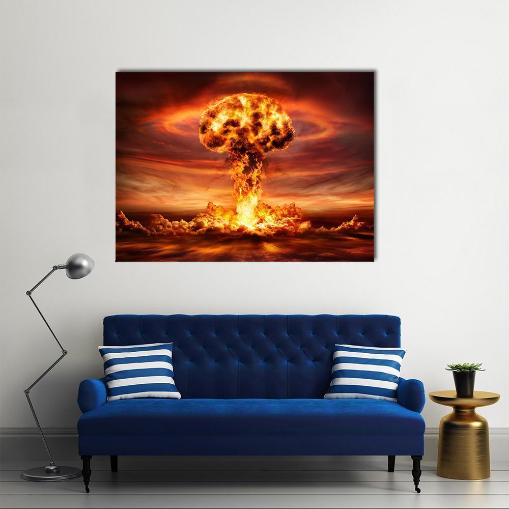 Mushroom Cloud Nuclear Explosion Canvas Wall Art in black, red and orange, single panel hung on a wall