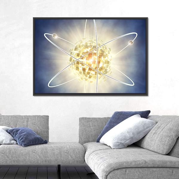 Nuclear Fission Concept Canvas Wall Art in white, yellow and blue, framed canvas, product view on a white background