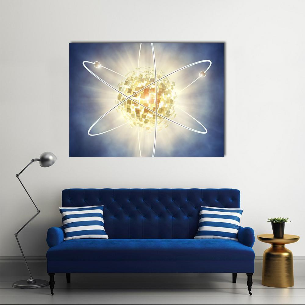 Nuclear Fission Concept Canvas Wall Art in white, yellow and blue, single panel hung on a wall