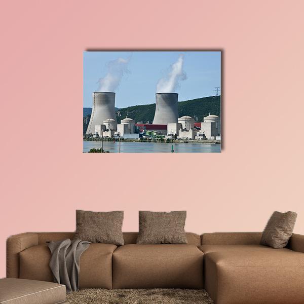 Nuclear Power Plant Over River Canvas Wall Art in gray, green and blue, single panel hung on a wall