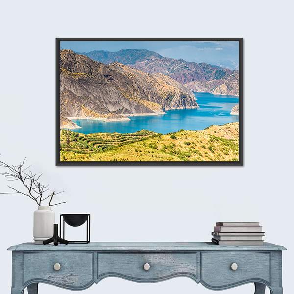 Nurek Reservoir In Tajikistan Canvas Wall Art-1 Piece-Floating Frame-24" x 16"-Tiaracle