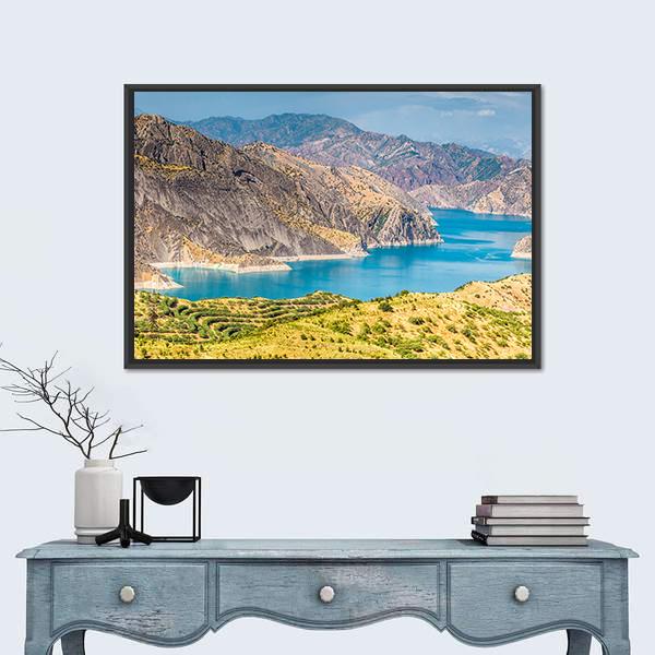 Nurek Reservoir In Tajikistan Canvas Wall Art-1 Piece-Floating Frame-24" x 16"-Tiaracle