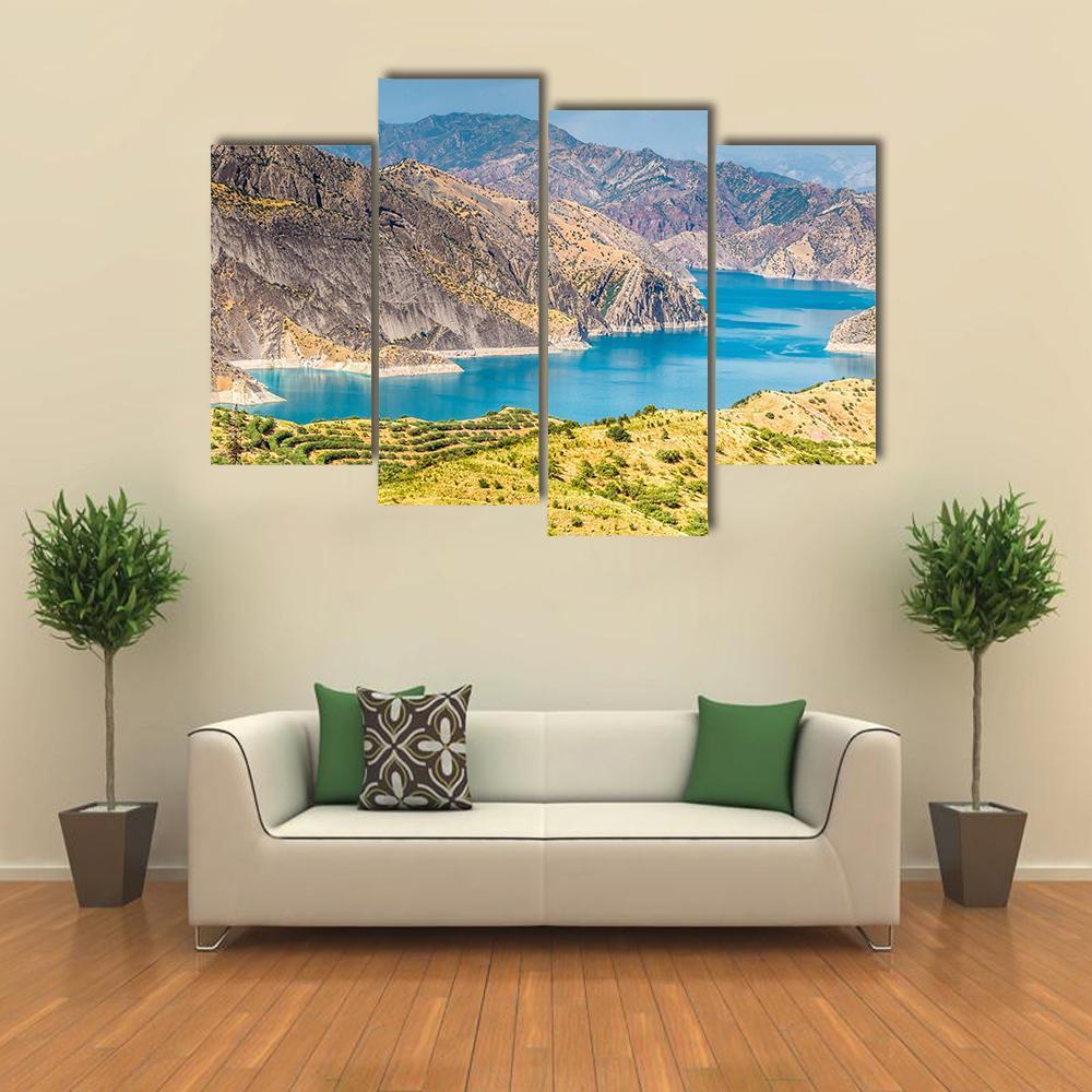 Nurek Reservoir In Tajikistan Canvas Wall Art-4 Pop-Gallery Wrap-50" x 32"-Tiaracle