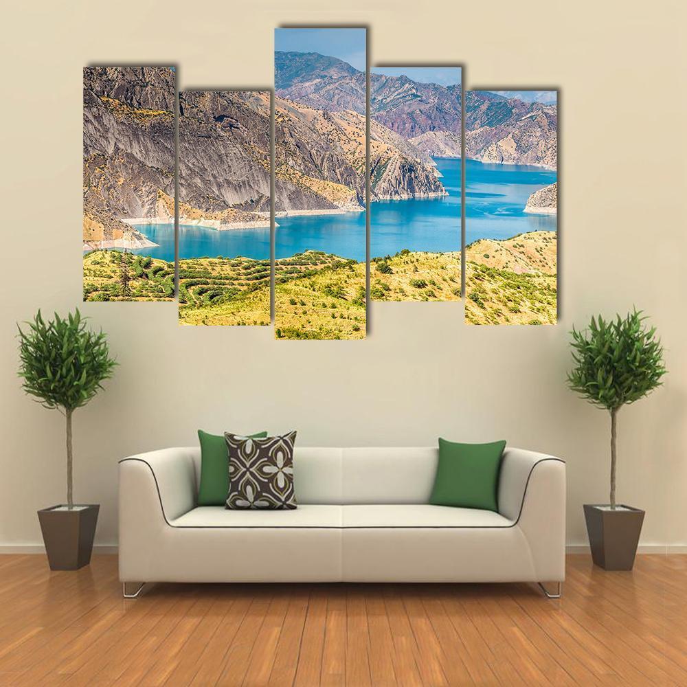 Nurek Reservoir In Tajikistan Canvas Wall Art-5 Pop-Gallery Wrap-47" x 32"-Tiaracle