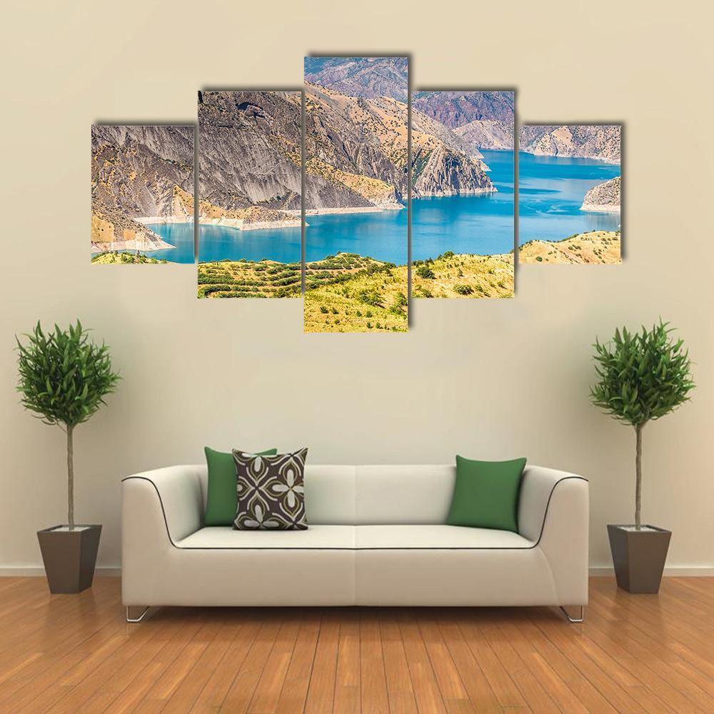 Nurek Reservoir In Tajikistan Canvas Wall Art-5 Star-Gallery Wrap-62" x 32"-Tiaracle