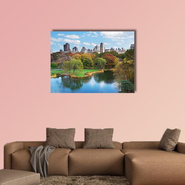 NY Central Park In Autumn Canvas Wall Art-5 Horizontal-Gallery Wrap-22" x 12"-Tiaracle