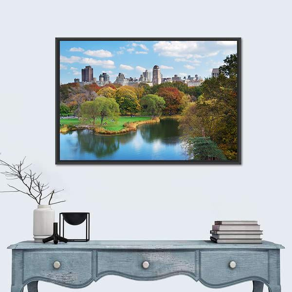 NY Central Park In Autumn Canvas Wall Art-1 Piece-Floating Frame-24" x 16"-Tiaracle