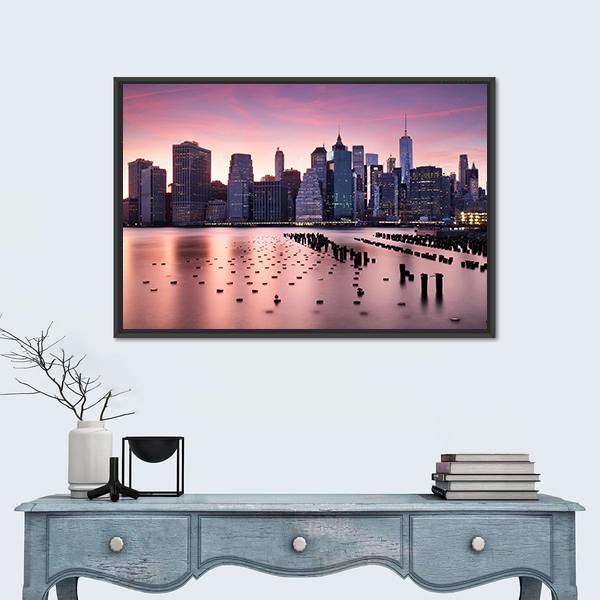 NY City Skyline Canvas Wall Art-1 Piece-Floating Frame-24" x 16"-Tiaracle